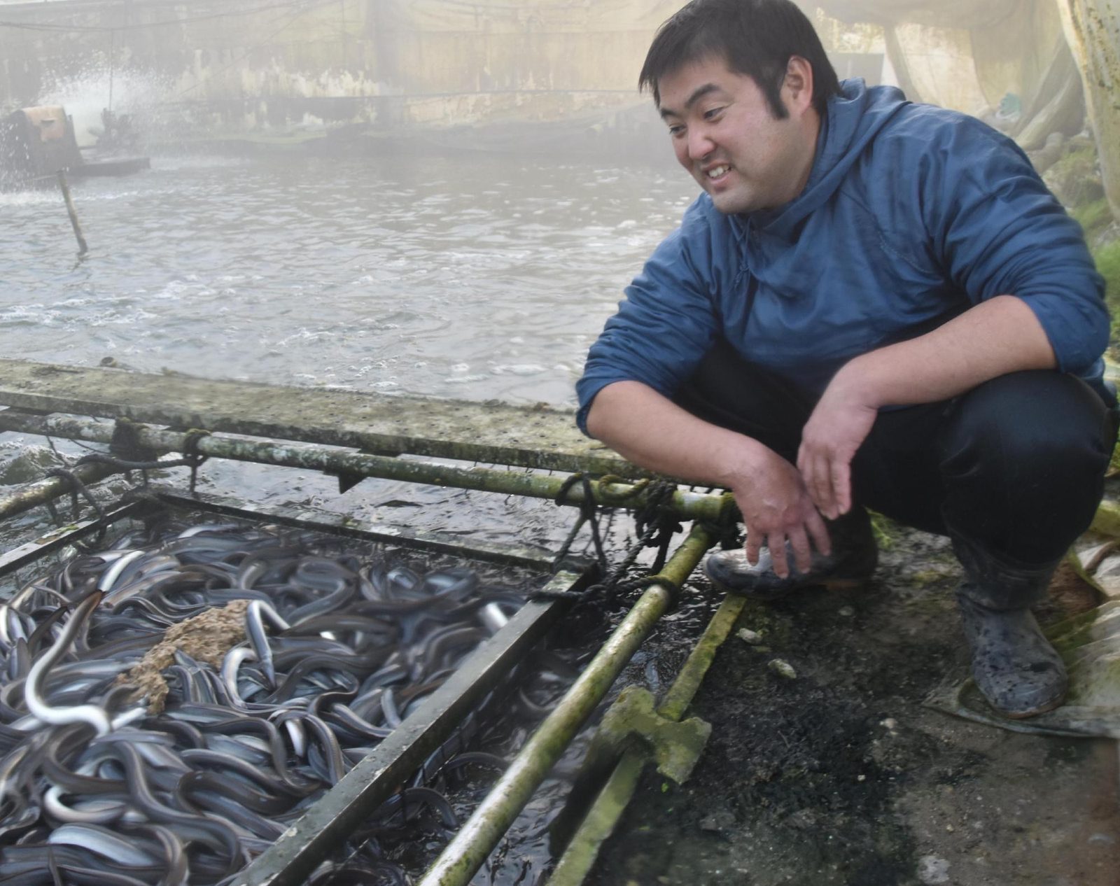 餌場のそばでしゃがむフルハシのスタッフ